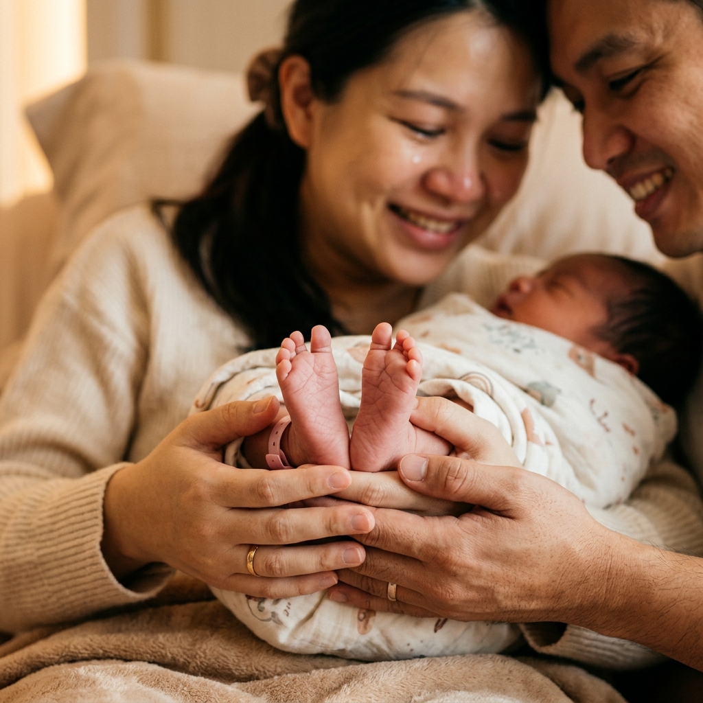 Parents holding newborn baby feet