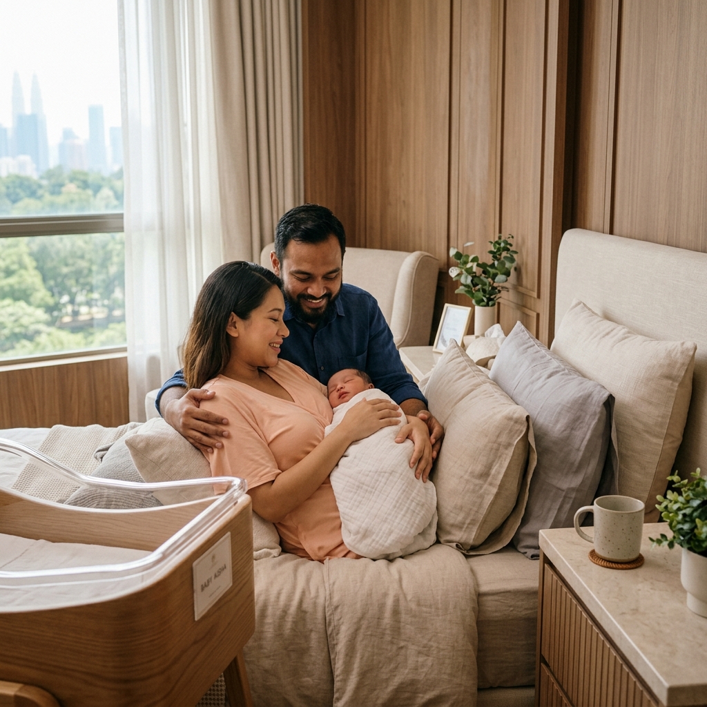 Happy family in confinement suite
